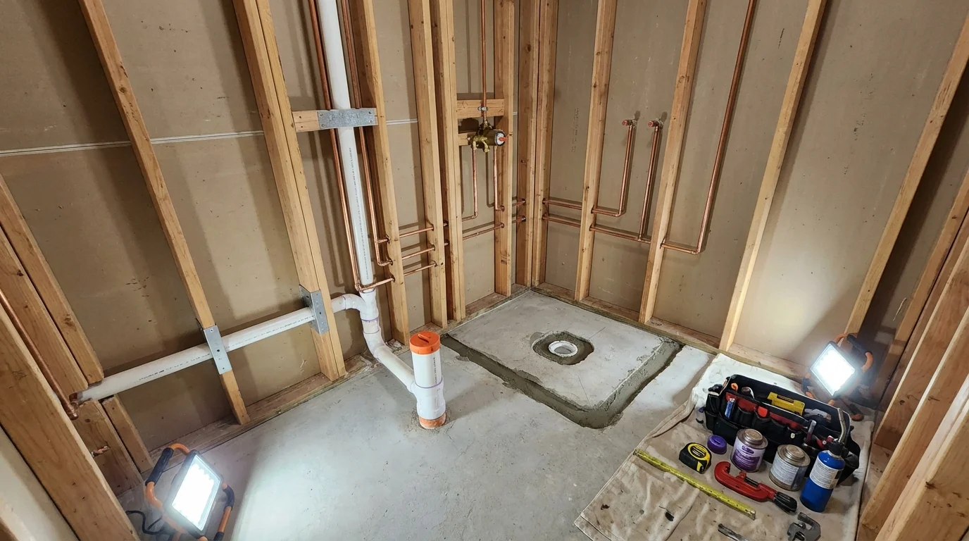 Bathroom rough-in plumbing during remodel by Johns Plumbing LLC in Magnolia