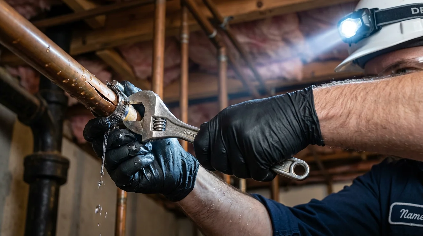 Emergency pipe clamp repair being performed by a Johns Plumbing LLC plumber in Magnolia