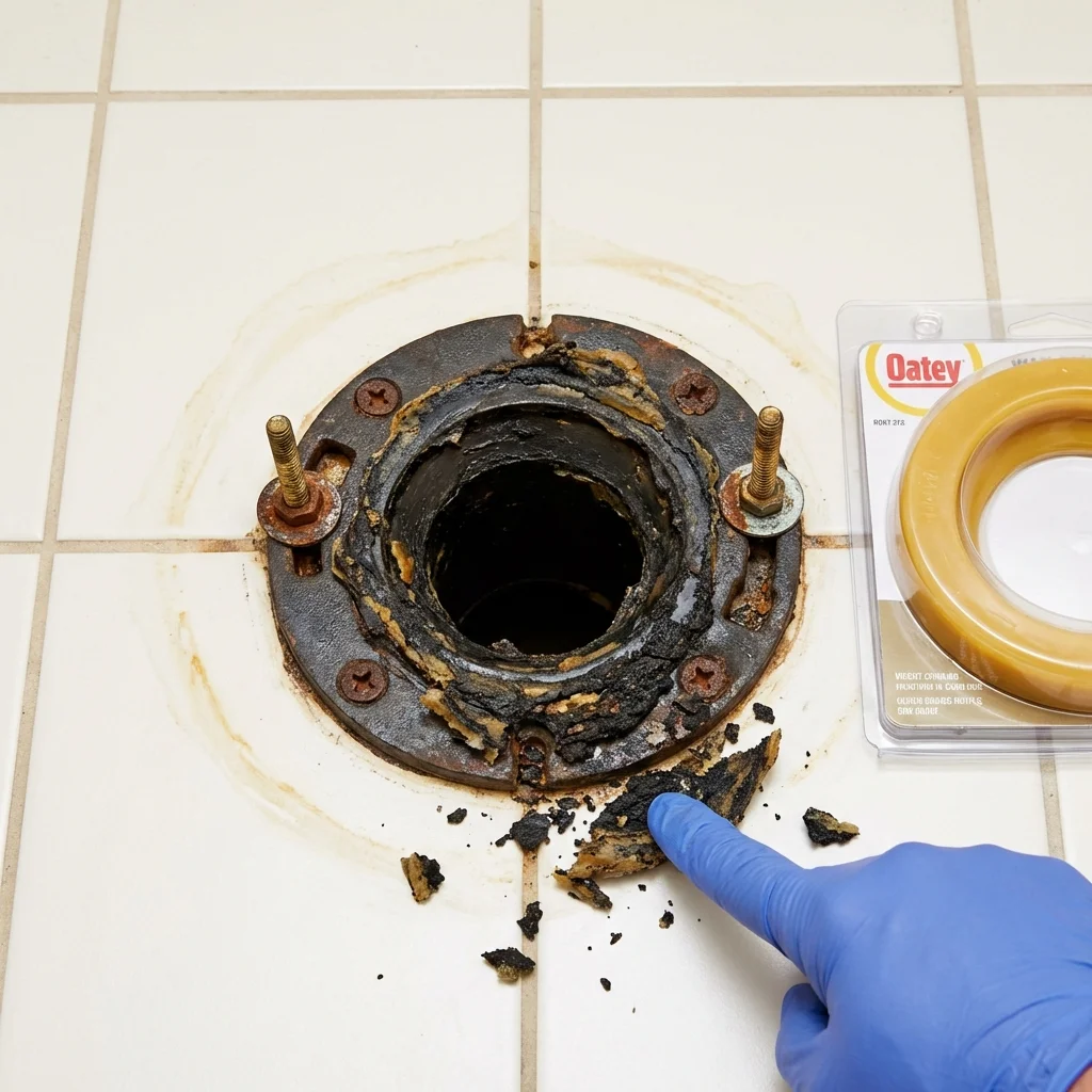 Failed wax ring showing water seepage at the base of a toilet in a Magnolia, AR home
