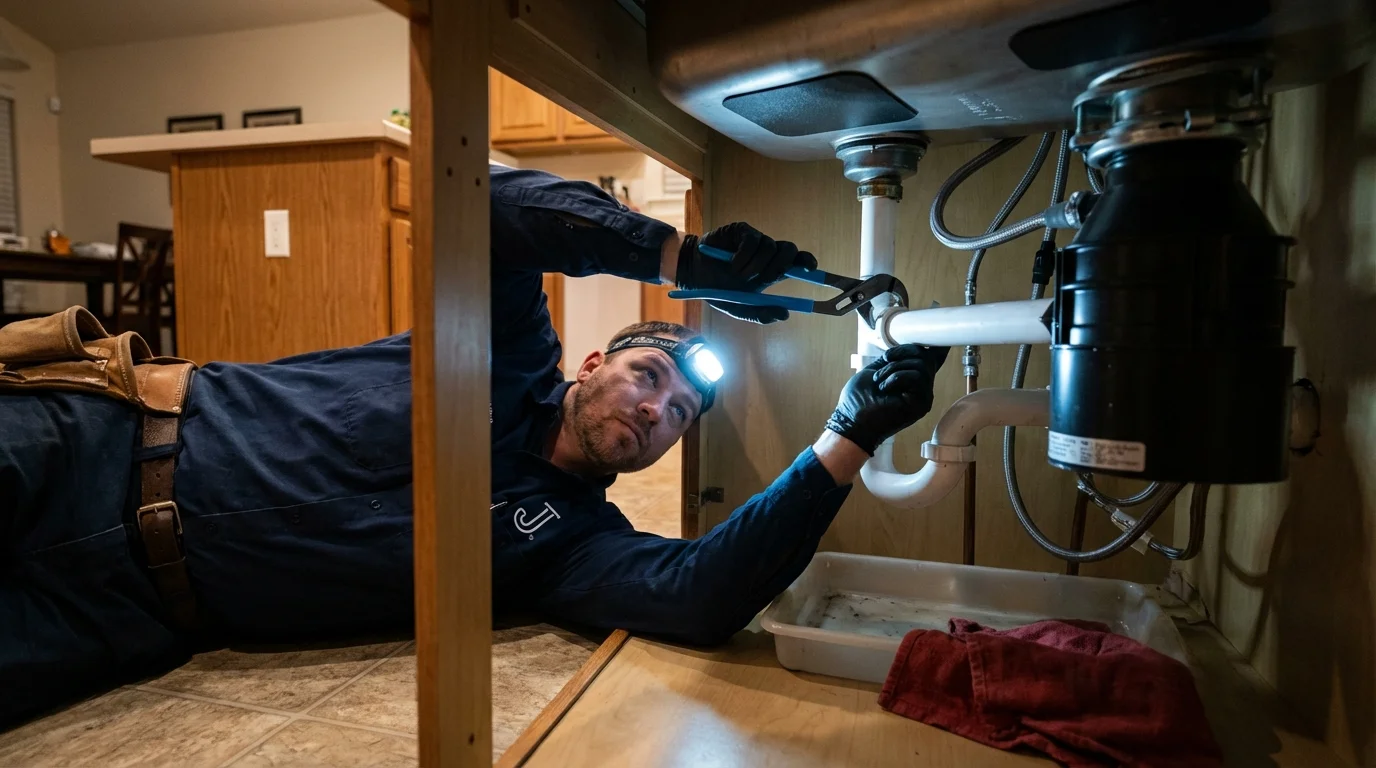 P-trap and supply line connections under a kitchen sink showing a common leak point in Magnolia, AR